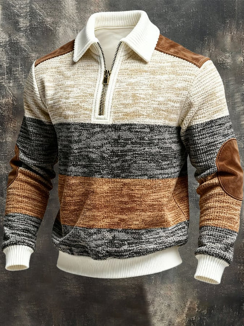 Men's Retro Color Block Print Zipper Sweatshirt