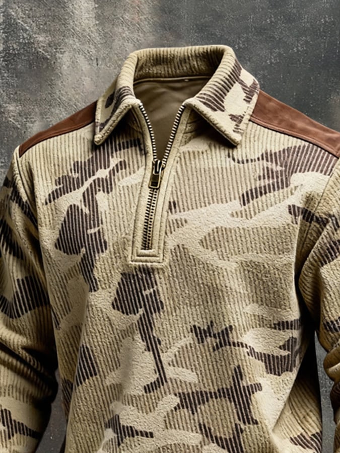 Men's Retro Color Block Print Color-Blocked Zip-Up Sweatshirt