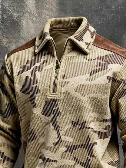 Men's Retro Color Block Print Color-Blocked Zip-Up Sweatshirt