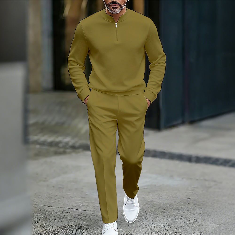 Men's Casual Solid Color Round-Neck Zipper Long Sleeved Trousers Two-Piece Set