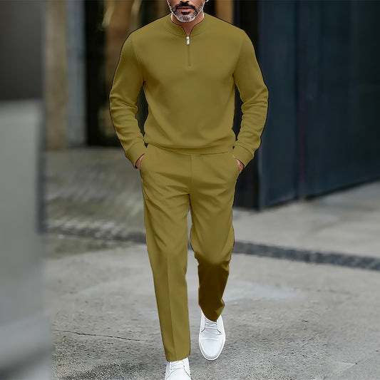 Men's Casual Solid Color Round-Neck Zipper Long Sleeved Trousers Two-Piece Set