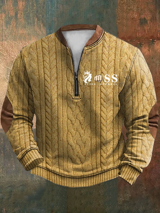 Men's Retro Letter Print Zipper Neck Knit Sweatshirt