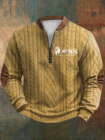 Men's Retro Letter Print Zipper Neck Knit Sweatshirt