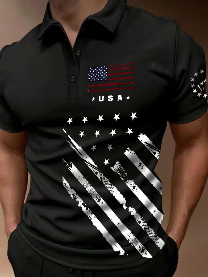 Men's American Flag Independence Day Celebration Printed Polo Shirt Tops