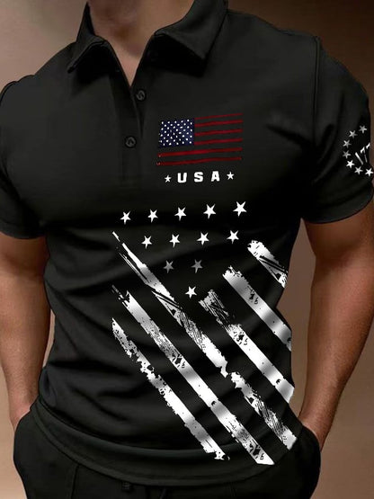 Men's American Flag Independence Day Celebration Printed Polo Shirt Tops