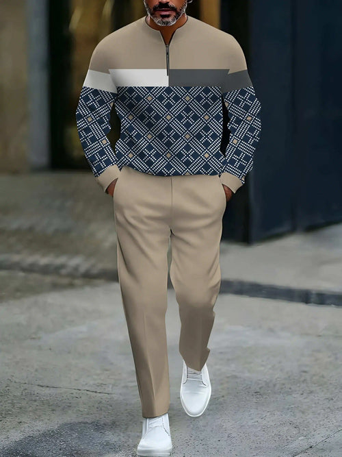 Men's Casual Apricot & Nacy Color Matching Geometric Printed Round-Neck Zipper Long Sleeved Tops & Trousers Two-Piece Set