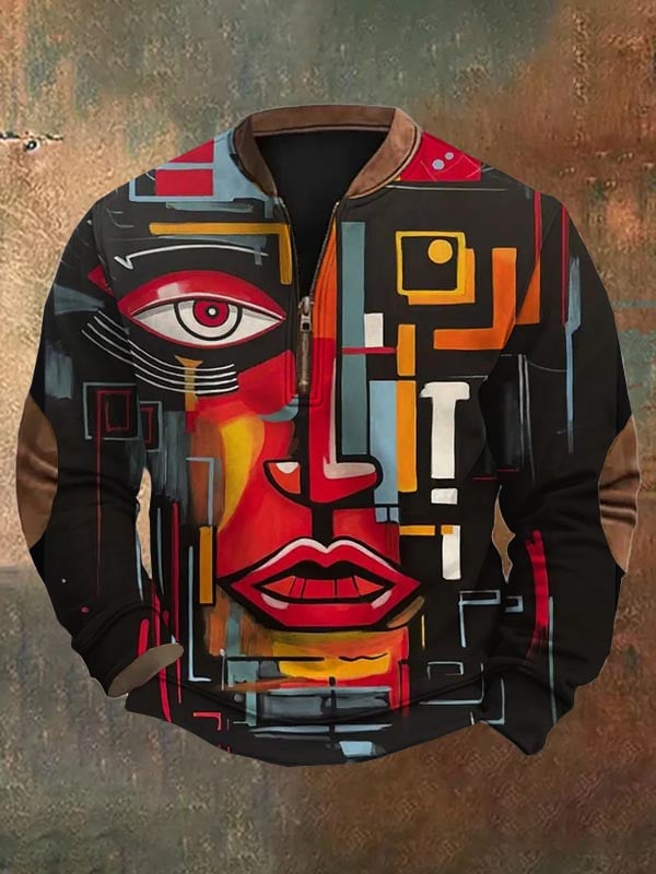 Men's Fashion Casual Art Geometric Print Zipper Neck Sweatshirt