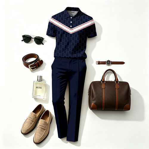 Men's Casual Color-Blocked V-Stripe Print Short-Sleeve Polo Shirt and Pants Two-Piece Set(Does Not Include Accessories Such As Watches Or Glasses)