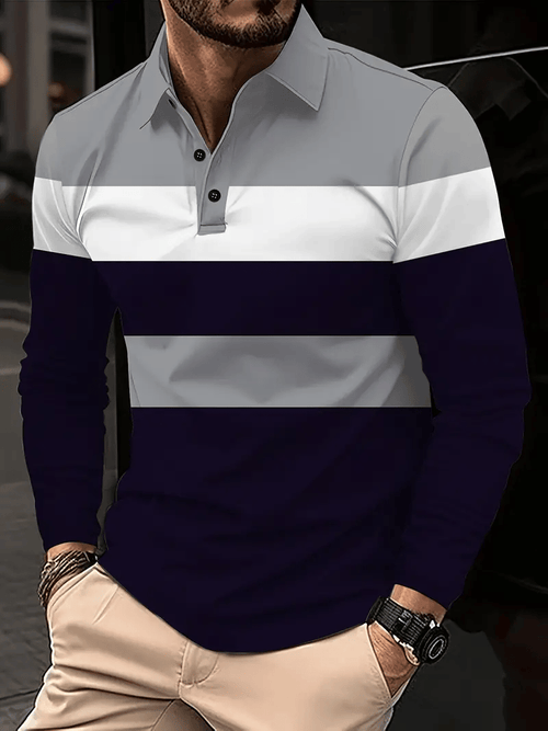Men's Business Casual Striped Long-Sleeved Polo Shirt