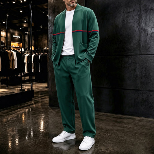 Men's Green Cardigan Jacket and Pants Two-Piece Set