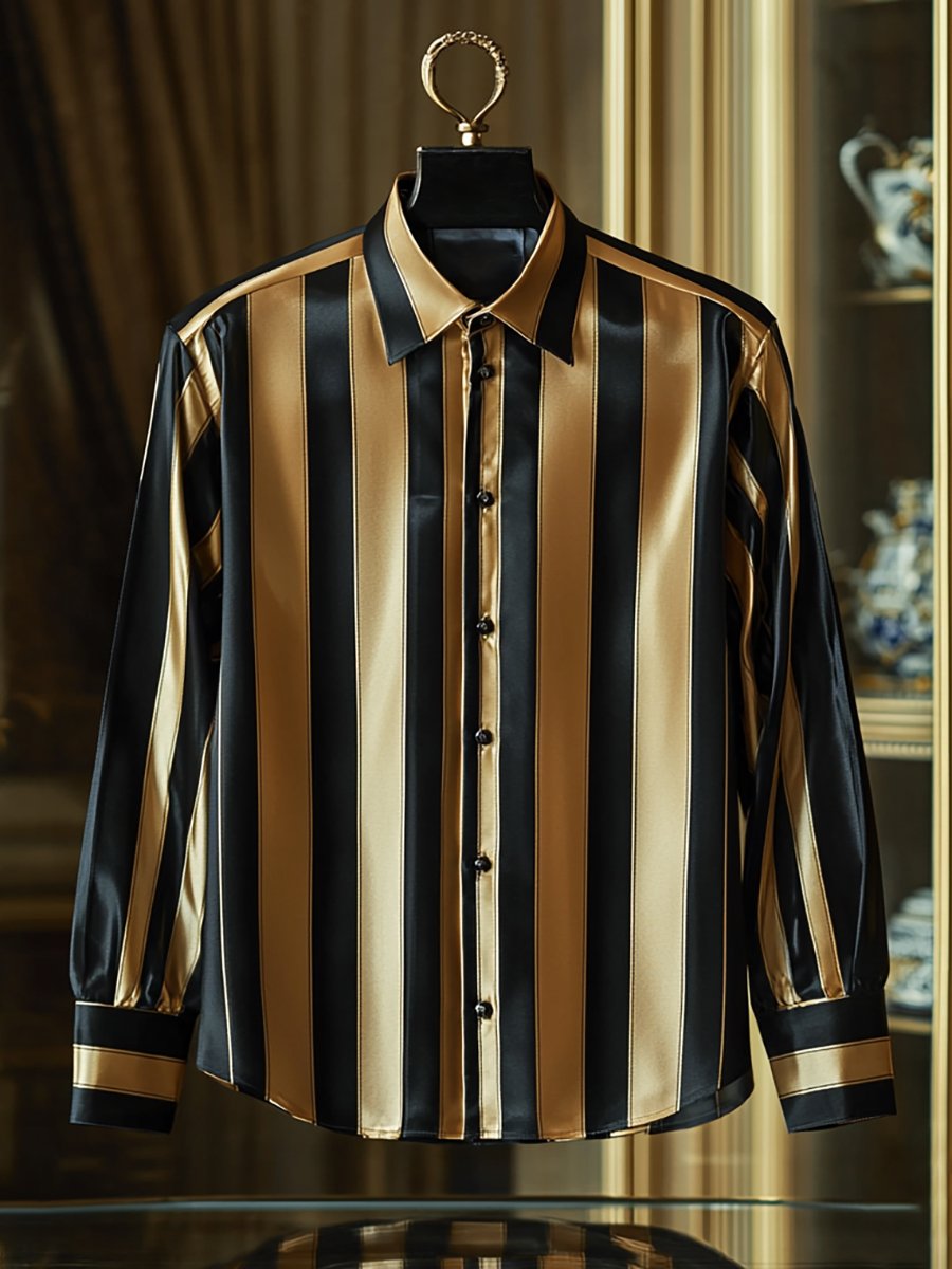 Men's Satin Luxury Business Charlie Sheen Striped Long Sleeve Shirt