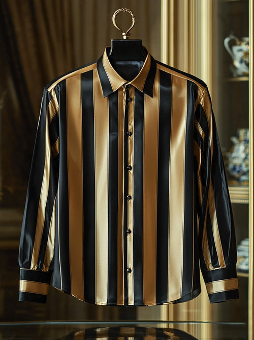 Men's Satin Luxury Business Charlie Sheen Striped Long Sleeve Shirt