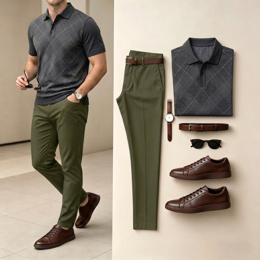 Men's Gray Color Striped Printed Short Sleeved Polo Shirt & Pants Two-Piece Set