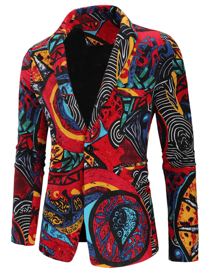 Men's casual cotton and linen ethnic style printed suit