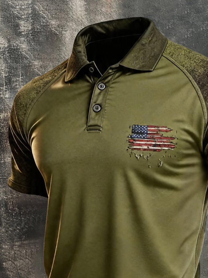 Men's Retro Patriotic Color-Block Short-Sleeve Polo Shirt