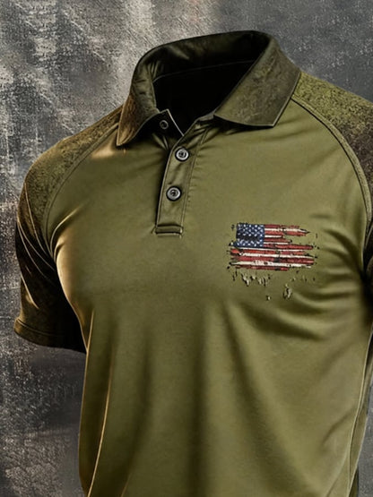 Men's Retro Patriotic Color-Block Short-Sleeve Polo Shirt