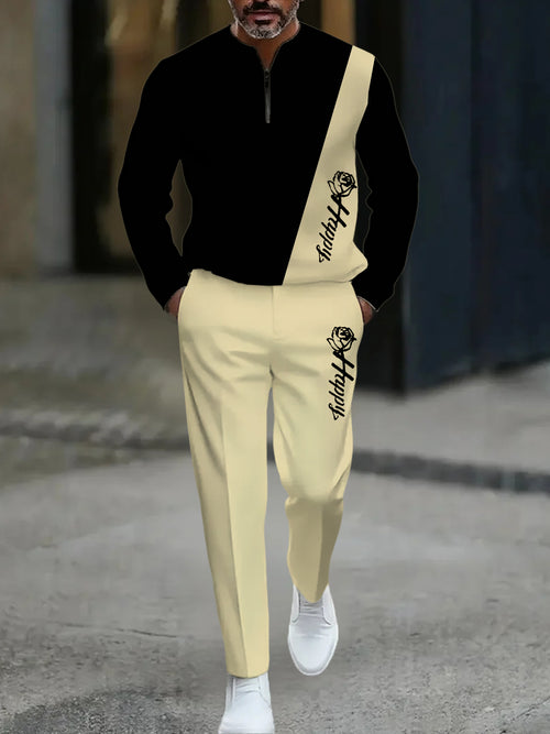 Men's Casual Black & Beige Color Matching Geometric Asymmetric Printed Round-Neck Zipper Long Sleeved Sweatshirt & Trousers Two-Piece Set