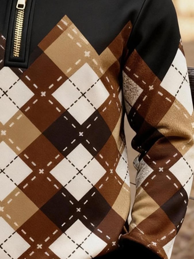 Men's Retro Color Block Print Zipper Sweatshirt