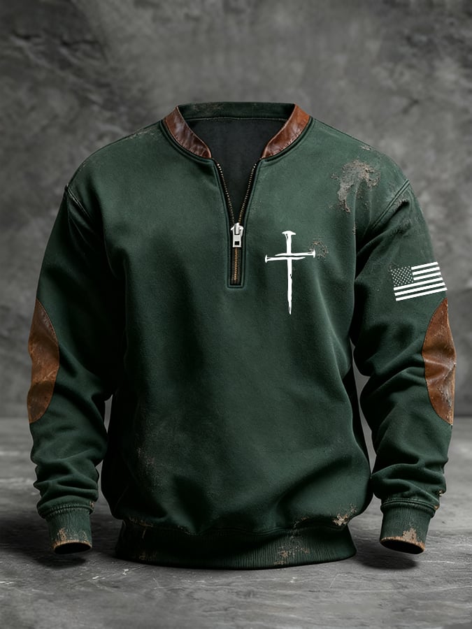 Men's Retro Faith Cross Print Zipper Stand Collar Long Sleeve Sweatshirt