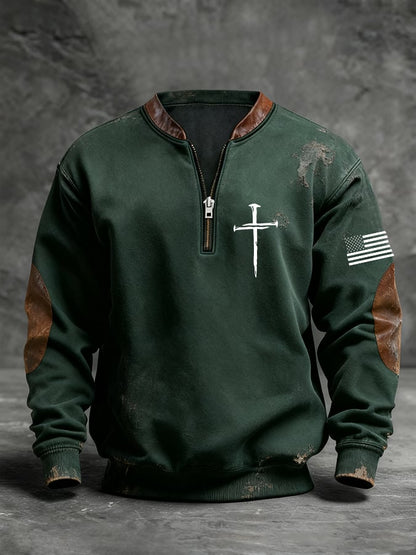 Men's Retro Faith Cross Print Zipper Stand Collar Long Sleeve Sweatshirt