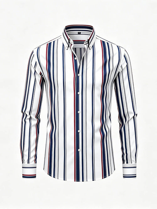 Men's Navy Blue & White Color Matching Striped Printed Long Sleeve Shirt