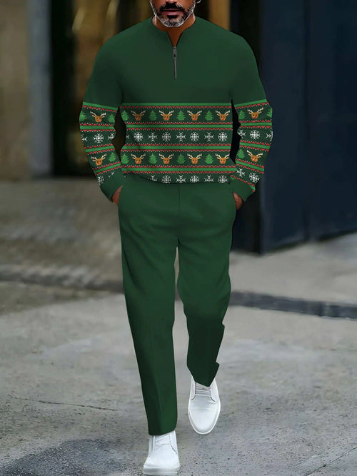 Men's Casual Green Color Matching Christmas Printed Round-Neck Zipper Long Sleeved Sweatshirt & Trousers Two-Piece Set
