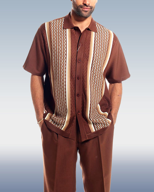Brown Criss Cross Pattern Walking Suit Short Sleeve Set