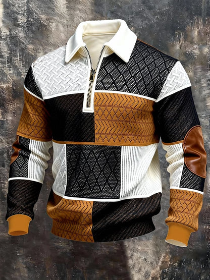 Men's Retro Color Block Print Color-Blocked Zip-Up Sweatshirt