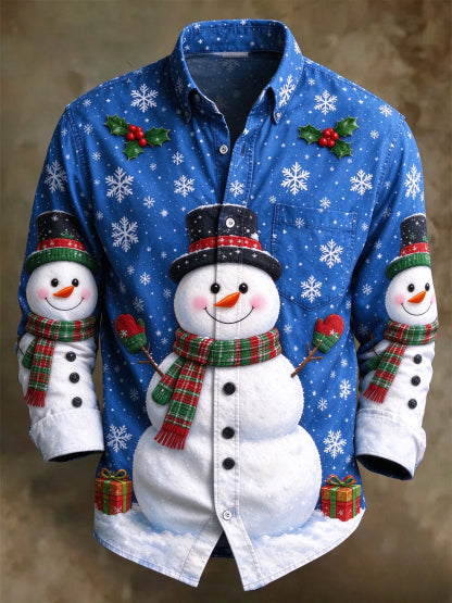 Men's Christmas Snowman Long Sleeve Button Up Holiday Shirt