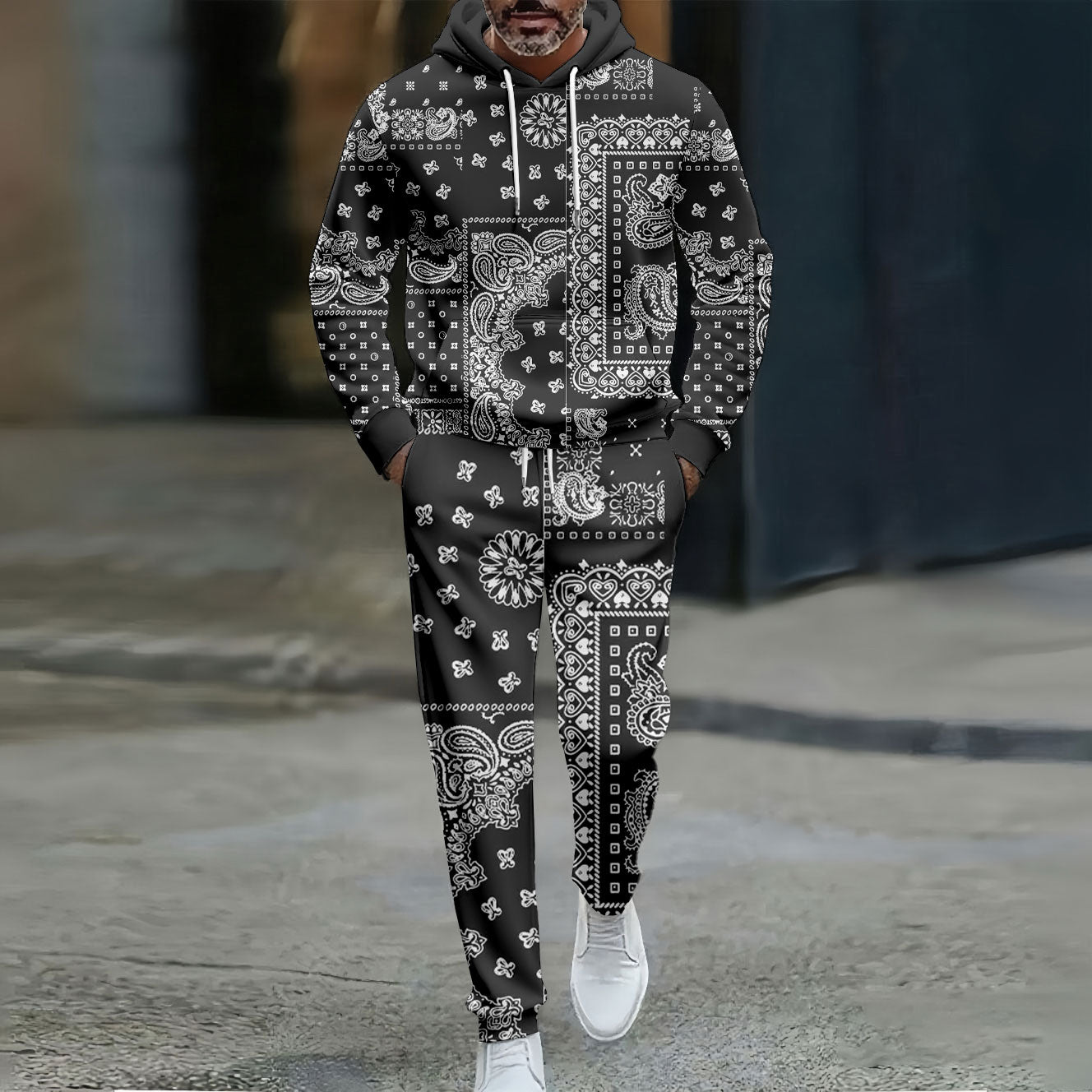 Men's Casual Color Matching Viking Pattern Hooded Long Sleeved Trousers Dark Gray Two-Piece Set
