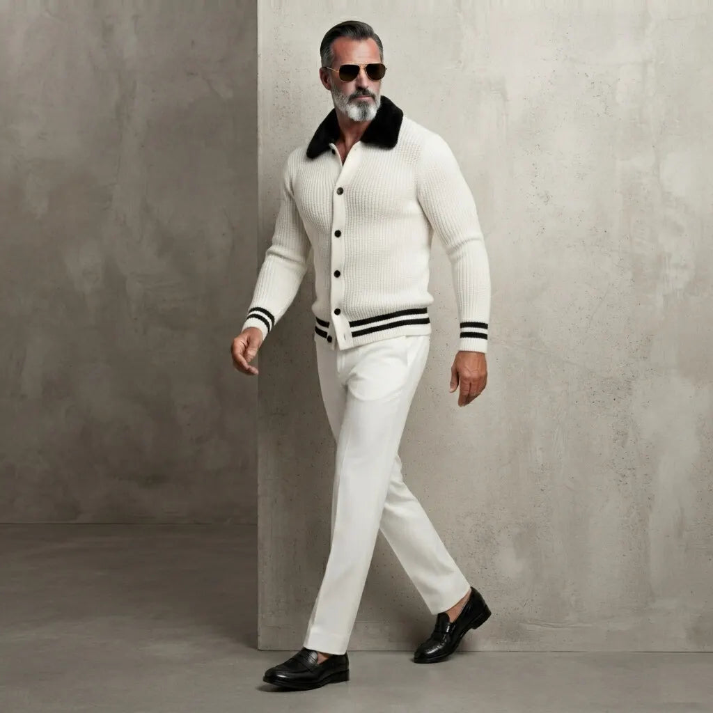 Men's White Ribbed Knit Contrast Fuzzy Collar Striped Trim Single Breasted Cardigan