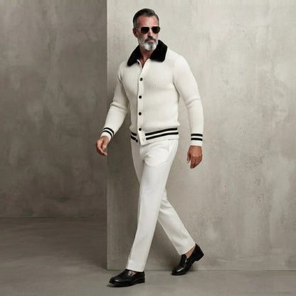 Men's White Ribbed Knit Contrast Fuzzy Collar Striped Trim Single Breasted Cardigan