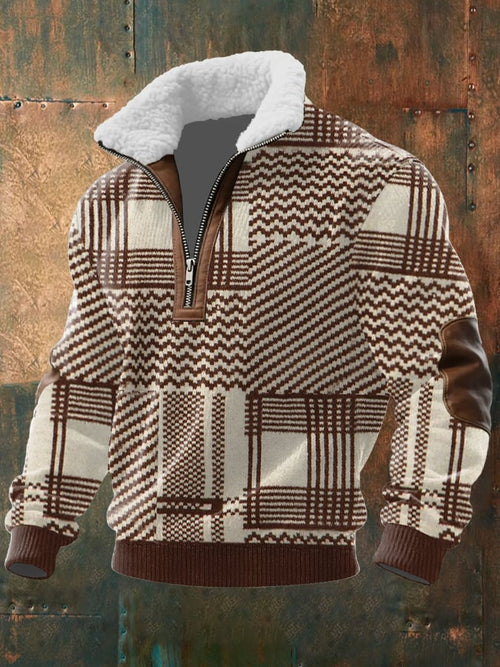 Men's Retro Western Texture Print Knit Fabric Zipper Fur Collar Long Sleeve Sweatshirt