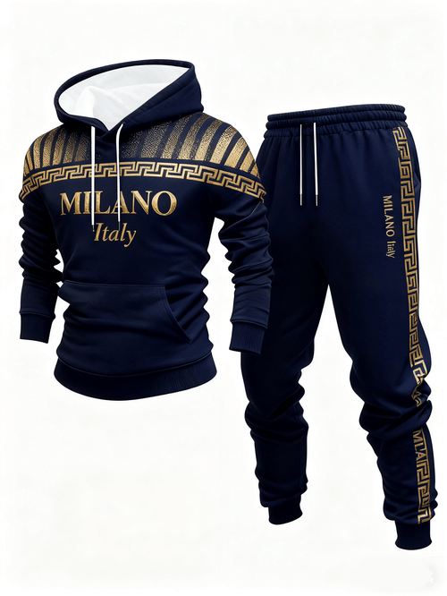 Men's Casual Gold & Navy Blue Color Matching Printed Hoodies Long Sleeved Sweatshirts & Sweatpants Two-Piece Set