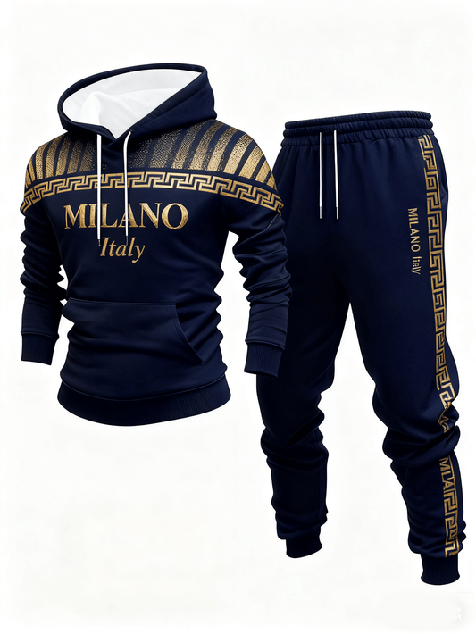 Men's Casual Gold & Navy Blue Color Matching Printed Hoodies Long Sleeved Sweatshirts & Sweatpants Two-Piece Set