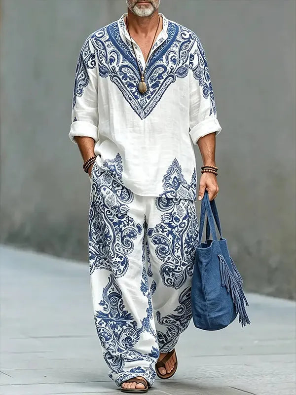 Men's Elegant Blue Floral Paisley Pattern Art Print Half Button Long Sleeve Shirt Pants 2pcs Set
