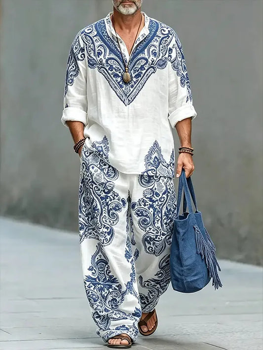 Men's Elegant Blue Floral Paisley Pattern Art Print Half Button Long Sleeve Shirt Pants 2pcs Set
