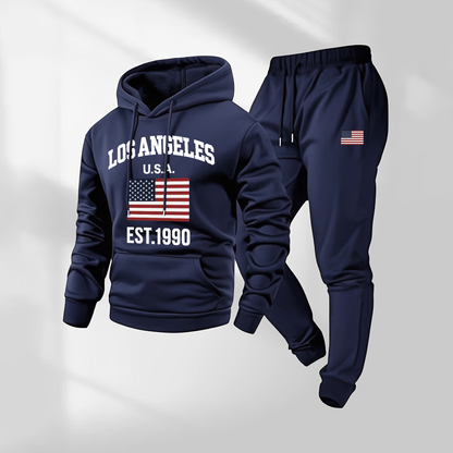 Men's Los Angeles USA Letter  Print Hoodie and Drawstring Sweatpants Set, Menswear, Casual Athletic Long Sleeve Hooded Jacket & Trousers for Fall & Winter, Men's Clothing for Daily Wear, Sportswear Indoor Outdoor, Tracksuit, Athleisure