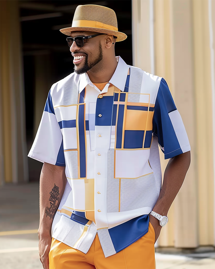 Men's Textured Short Sleeve Printed Two-Piece Walking Pants Set 061
