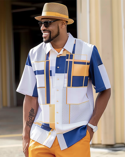 Men's Textured Short Sleeve Printed Two-Piece Walking Pants Set 061