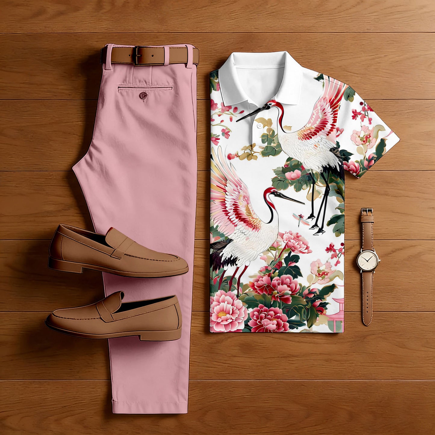 Men's Casual White Roses Printed Polo Shirt And Pants Two-Piece Set