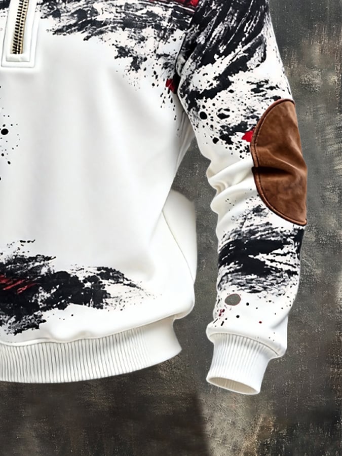 Men's Retro Color Block Print Zipper Sweatshirt
