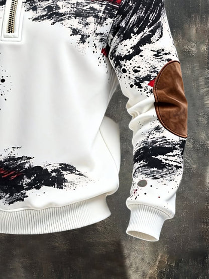 Men's Retro Color Block Print Zipper Sweatshirt
