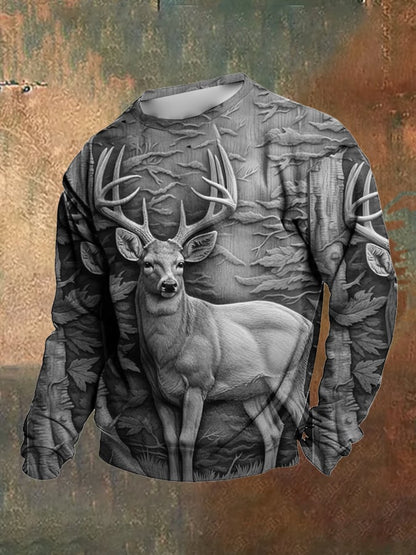 Men's Retro Western 3D Deer Pattern Print Crew Neck Sweatshirt