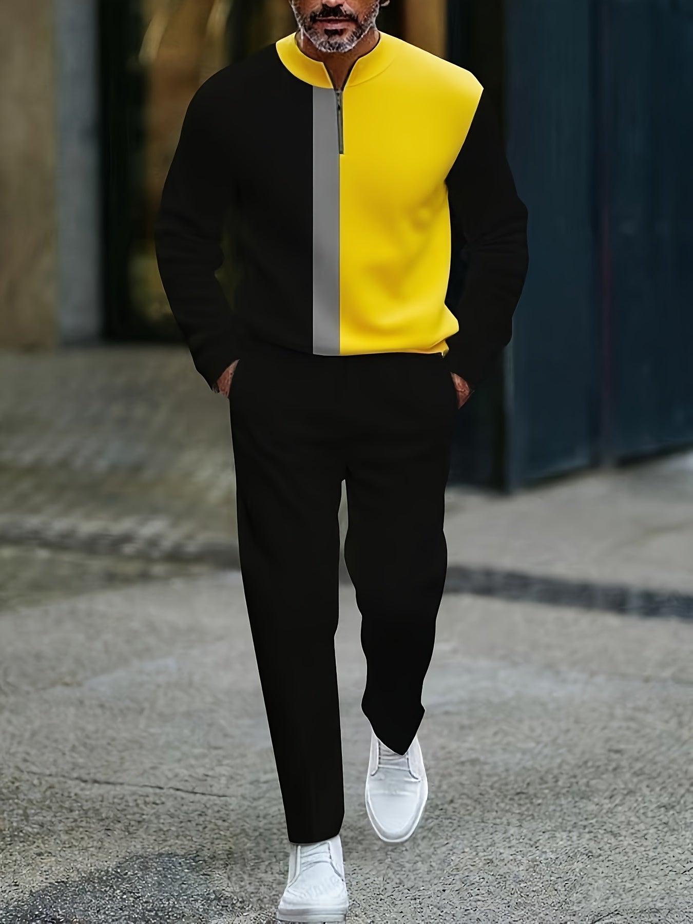 Men's Casual Color Matching Printed Round-Neck Zipper Long Sleeved Trousers Two-Piece Set