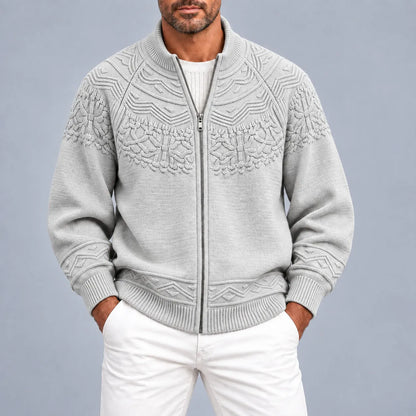 Men's Khaki Geometric Cable Knit Texture Casual Zip-Up Cardigan