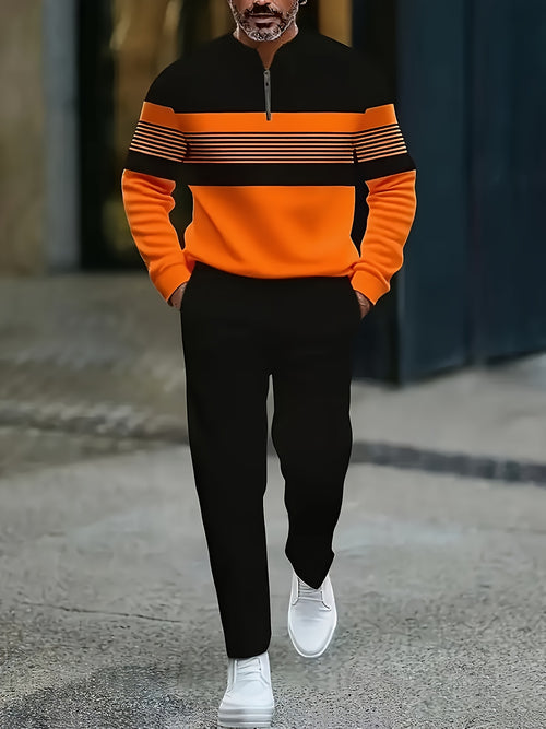 Men's Casual Color Matching Printed Round-Neck Zipper Long Sleeved Trousers Two-Piece Set