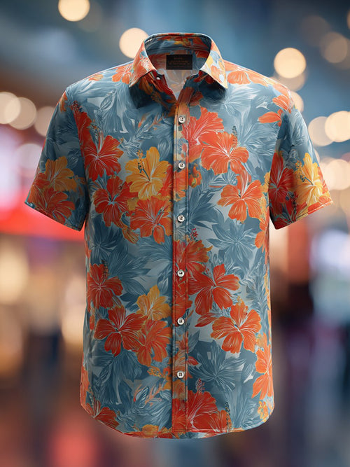 Men's Business Casual Floral Lapel Short Sleeve Shirt