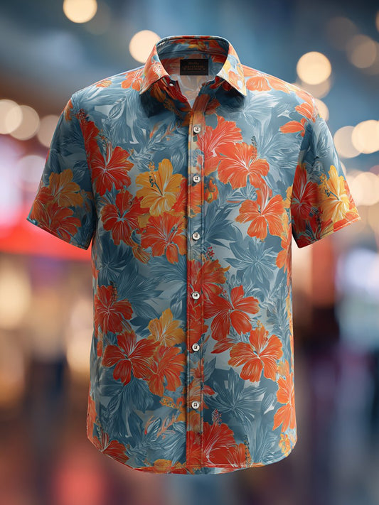 Men's Business Casual Floral Lapel Short Sleeve Shirt