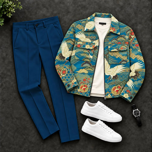 Men's Ethnic-Print Zipper Cardigan and Pants Set